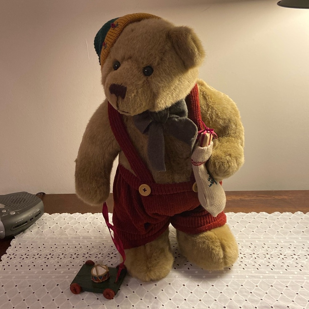 Vintage Christmas Teddy Bear 18” Standing Hat Stocking Wagon Creative Design